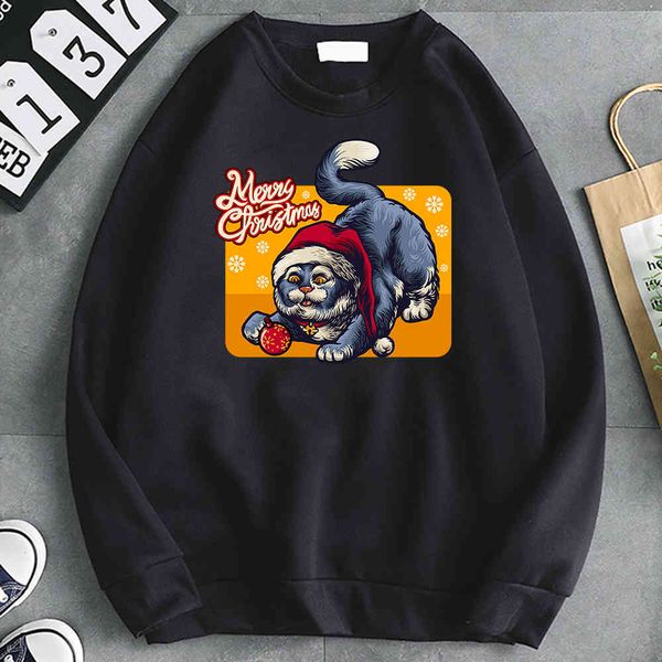 

men's hoodie, cat print and santa hat, loose long sved cloth, punk style, animation, hip hop, Black