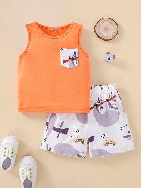 

baby cartoon graphic patched pocket tank & shorts she, White