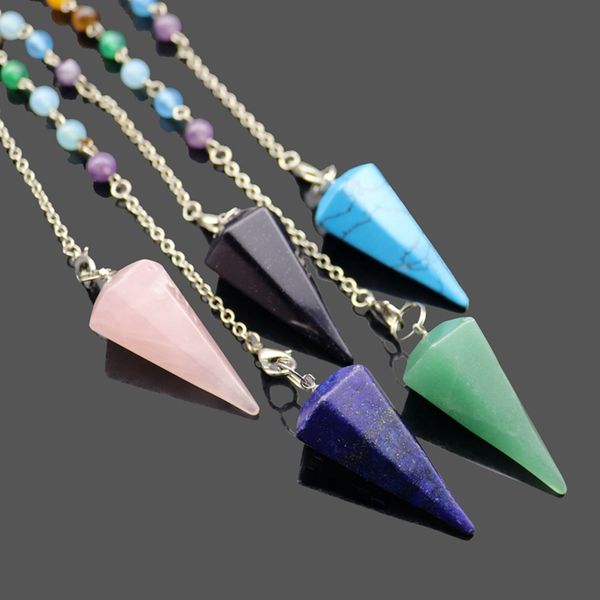 Pietra naturale Chakra a 7 colori Ciondolo cono esagonale Amuleto Reiki Guarigione Cristallo a forma di piramide Pendolo Ipnotizzatori Mago Divinazione Puntelli Appendere Accessorie