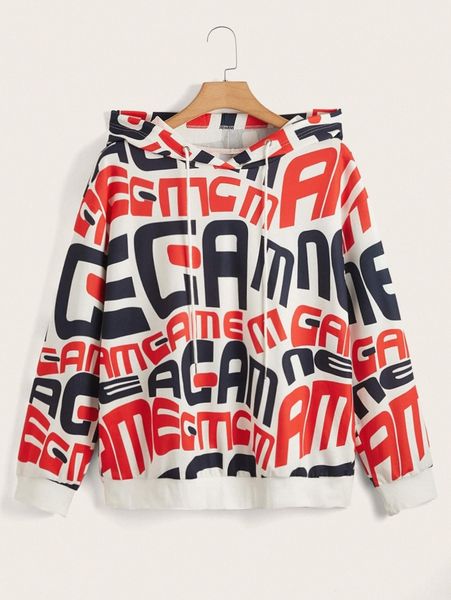 

plus letter graphic drop shoulder drawstring hoodie 38jl#, Black