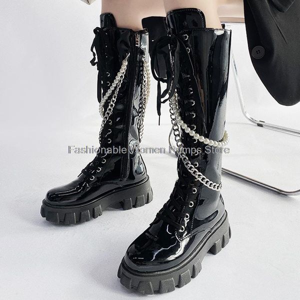 

boots 2021 fall women pearl chain knee high black cool knight gothic patent leather female platform shoes