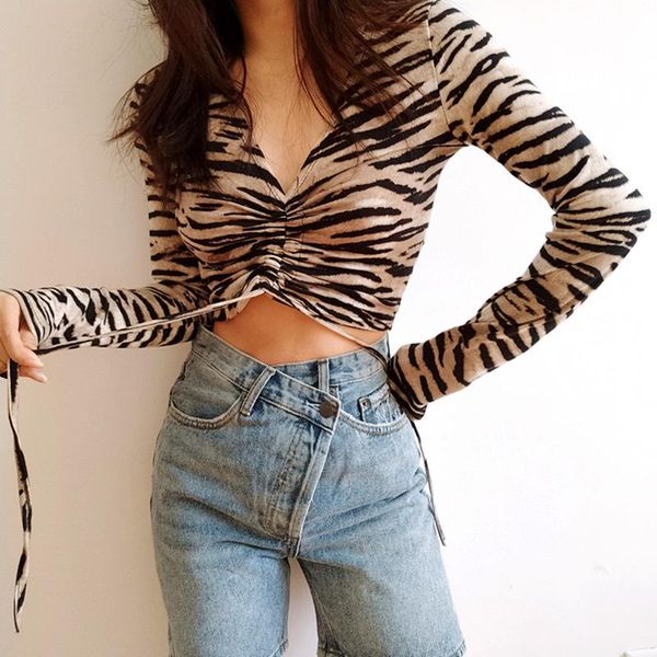 

women's t-shirt women v-neck long sleeves ruched front zebra print s842, White