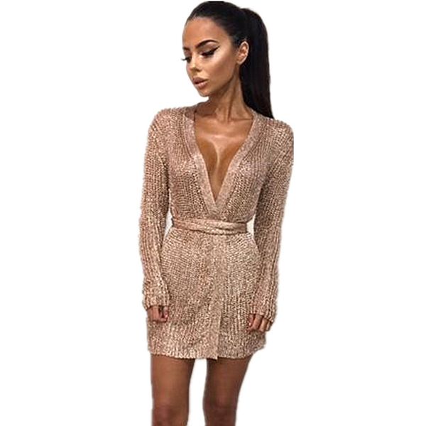 

casual dresses sets women trui dress silver gold club party bodycon v-neck long mouw vest robe with strap pd7c, Black;gray