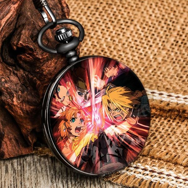 

pocket watches full metal alchemist black watch pendant chain quartz japan anime clock children gifts, Slivery;golden