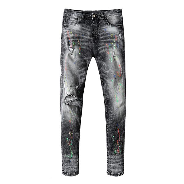 

men's jeans men's male trousers street fashion black gray ripped jeans ink-splashing stretch slim-fit high-end denim pants 8vjn, Blue