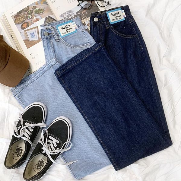 

women's jeans rena classic design summer high waist loose slim straight casual versatile denim floor pants, Blue