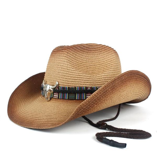 

stingy brim hats fashion women men straw hollow western cowboy hat lady summer sombrero hombre beach cowgirl jazz sun wind rope size 57-59cm, Blue;gray