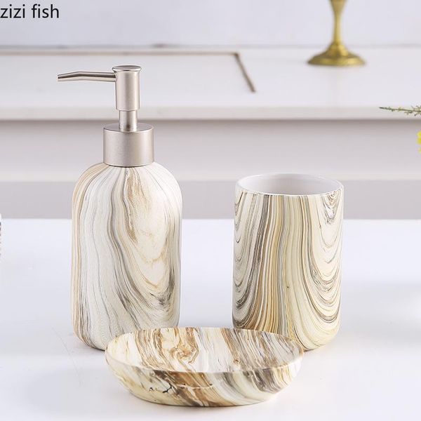 

bath accessory set portable ceramic toiletry household lotion bottle mouthwash cup soap dish wood grain decoration 3 piece bathroom