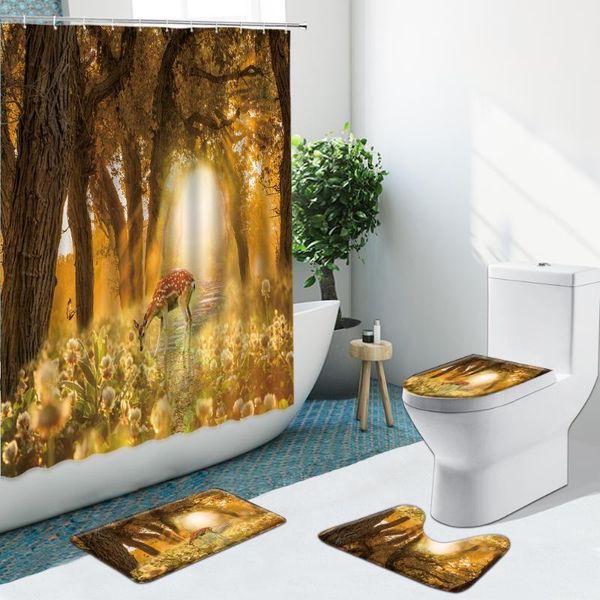 

shower curtains fall forest elk floral bathroom set curtain fabric antlers non-slip rugs flannel toilet carpet cover with hooks bath mat