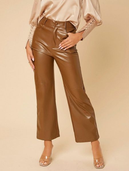 

petite solid high waist straight leg pu leather pants f1ys#, Black;white