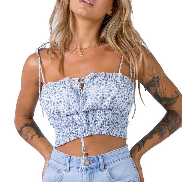 

women's tanks & camis summer ladies floral printing camisole fashion front lace up ruched hem backless tank sleeveless slim base shirt, White