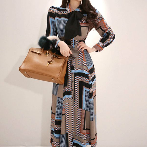 

vestido coreano multi-colorido estampa geomÃ©trica maxi laÃ§o manga comprida grande balanÃ§o primavera, Black;gray
