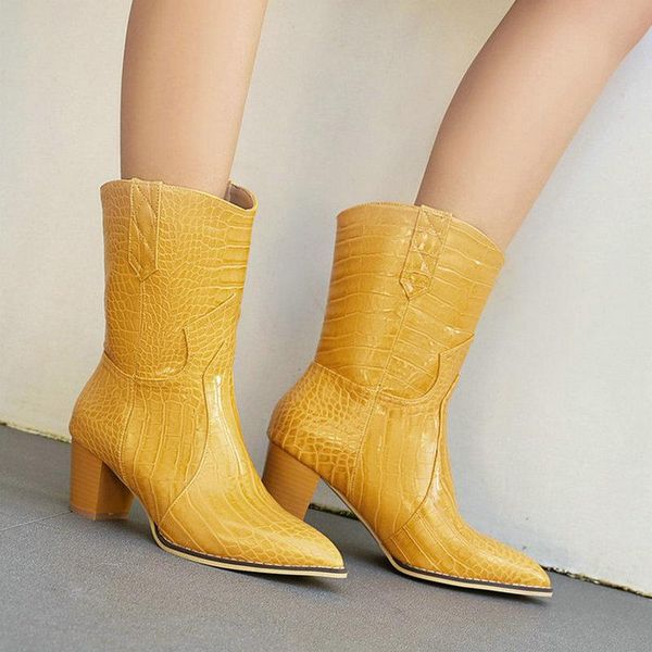 

boots 2021 women western chunky heel pointed toe ankle runaway ladies winter shoes black pink yellow white
