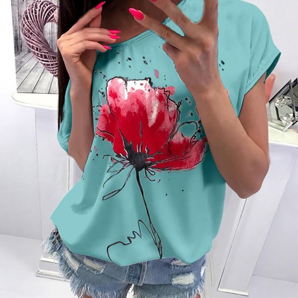 

summer women blouses fashion floral print blouse casual ladies o neck loose daily tee female womens short sleeve shirt, White