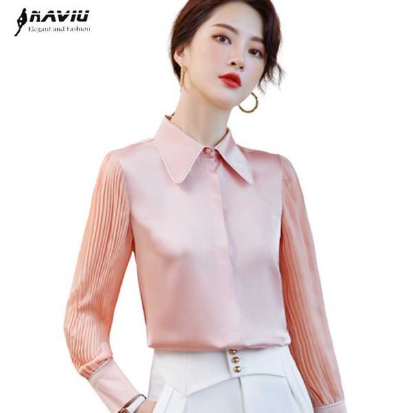 Camicia bianca in chiffon rosa Donna Autunno manica lunga Fashion Design Temperamento formale Camicette Office Ladies Casual Work Tops 210604