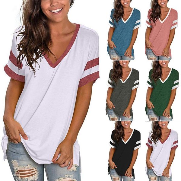 

women's t-shirt fashion casual v-neck loose stitching short sleeve, White