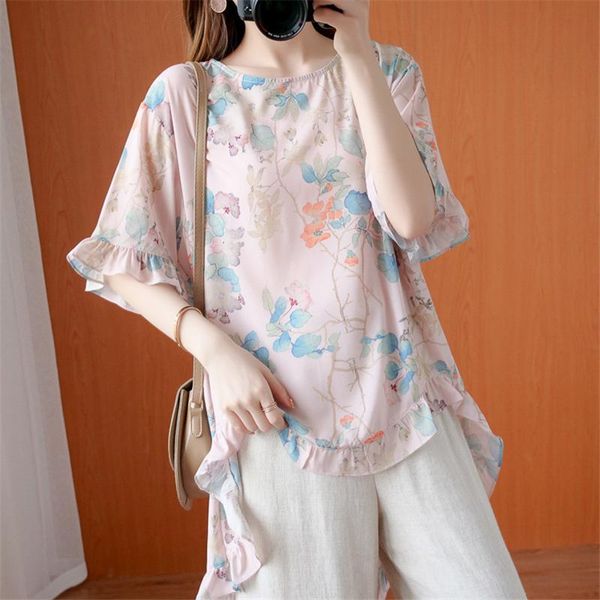 

johnature women print floral shirts vintage loose irregular blouses 2021 summer o-neck short sleeve female casual women's &, White
