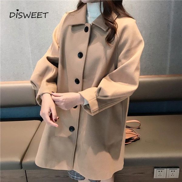 

lapel solid jackets woman simple loose long-sleeved single-breasted woolen coat for women casual winter warm slim women's jacket, Black;brown