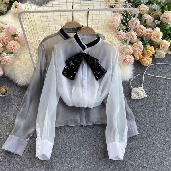 

spring fashion temperament blouse women's all-match sequin stand collar blusa bow shirt c421 210507, White