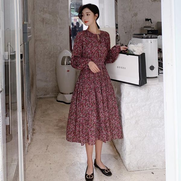 

mid-length high-waisted floral print dress women's elegant spring purple black o-neck long sleeve sash casual dresses, Black;gray