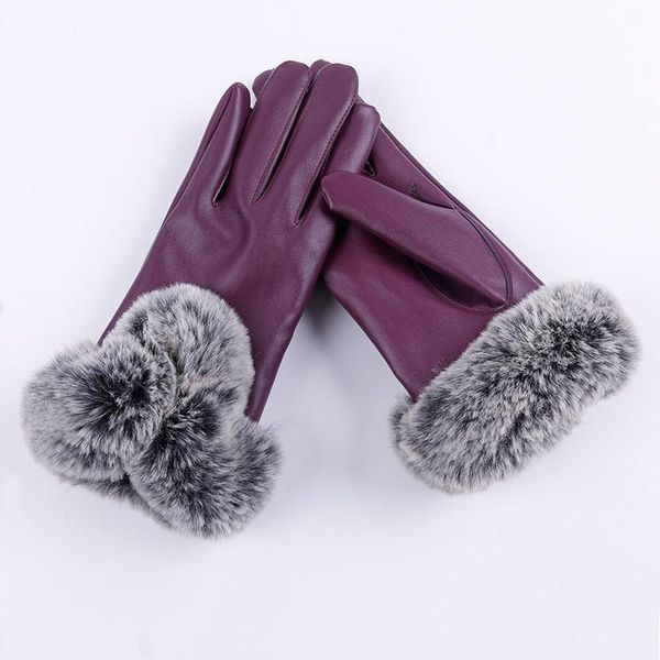 

fingerless gloves unique style women pu leather soft faux fur mittens fashion touch screen female warm winter, Blue;gray