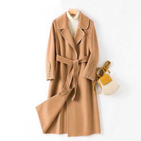 

women's wool & blends high-end lapel lacing belt plus size loose long water ripple double-sided coat women handmade cashmere jacket, Black