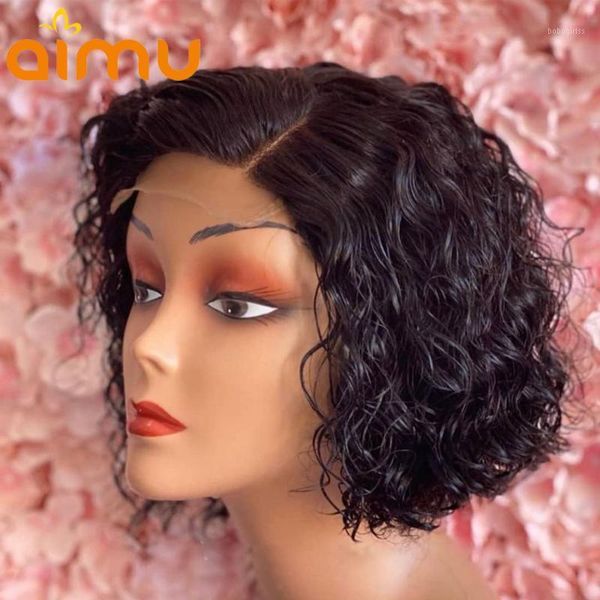 

water wave pixie cut wig closure glueless short curly bob 13x4 lace front human hair wigs pre plucked bleached knots remy1, Black;brown