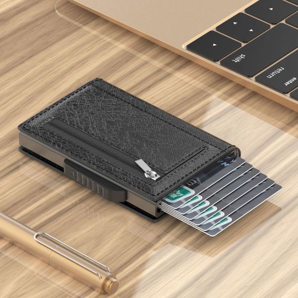 

card holders portable anti theft brush metal bag large capacity simple ultra thin automatic -up clip creative, Brown;gray