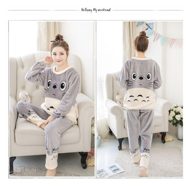 

cute women pajamas set woman warm flannel winter pyjamas set ladies long sleeve & pants sleepwear two pieces suit homewear, Black;red