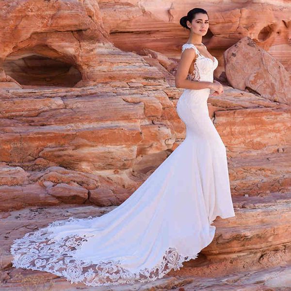 Sirena in raso Boho Sexy senza maniche con scollo a V Perline hijab Abito da sposa Abiti da sposa Donna Lungo treno