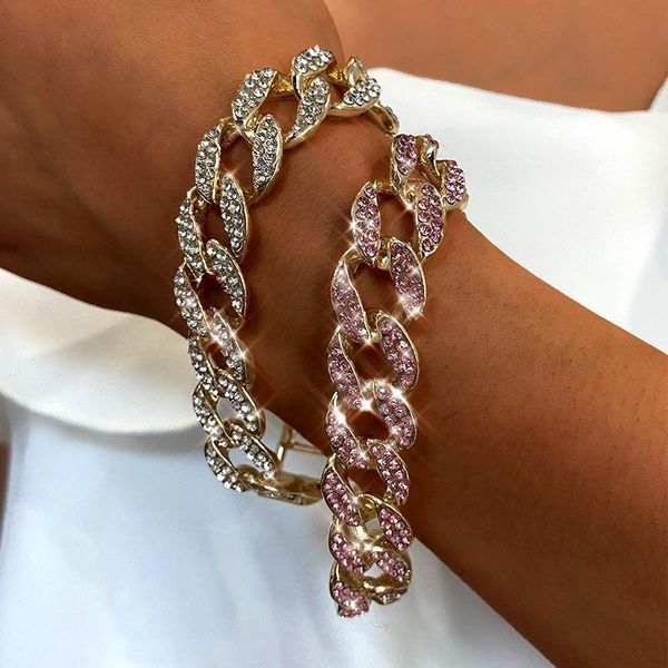 

bohemian miami cuban chain bracelets for women shining pink rhinestones gold link hand hip hop jewelry gifts link,, Black
