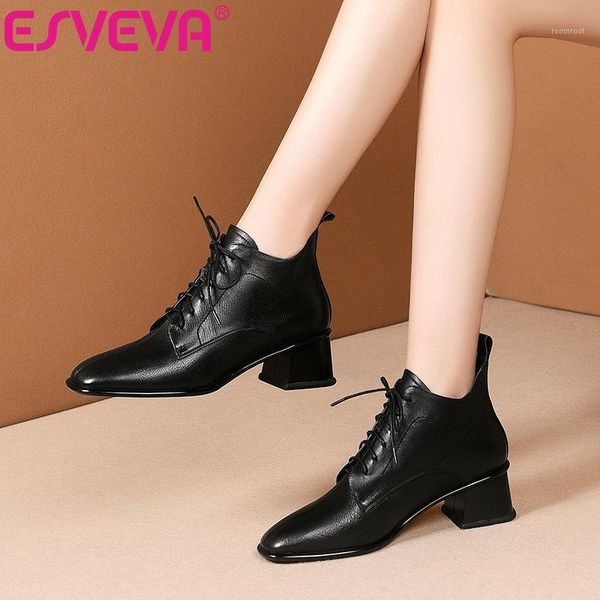 

boots esveva 2021 square med heel lace up western style genuine leather+pu ankle women winter shoes black size 34-411