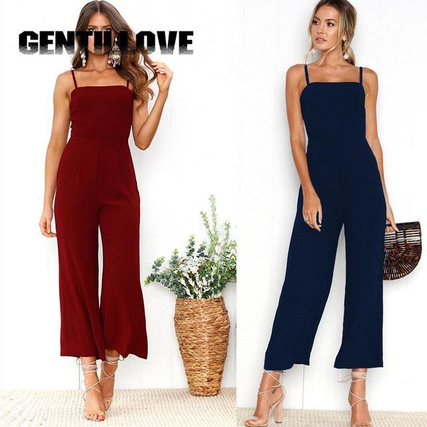 

women's jumpsuits & rompers gentillove women casual long summer backless spaghetti strap flare leg playsuit beach loose solid jumpsuit, Black;white