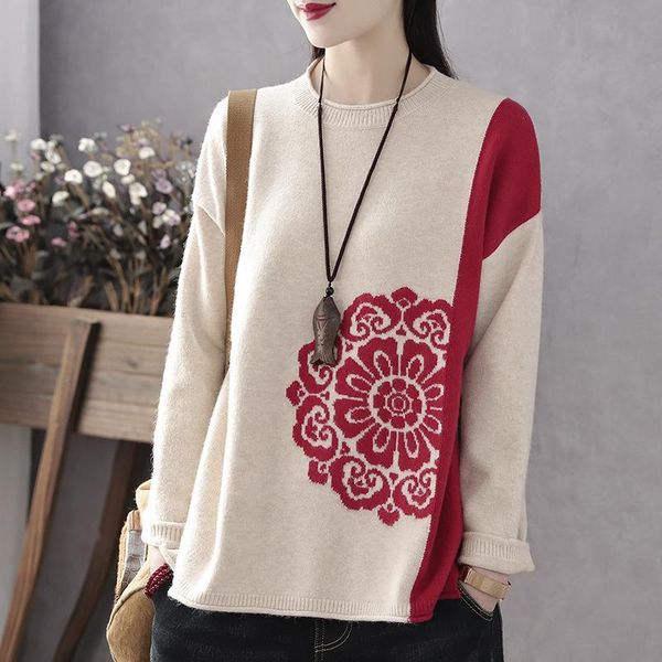 

women's sweaters retro art 2021 autumn and winter round neck core-spun yarn jacquard sweater women loose lazy knit, White;black