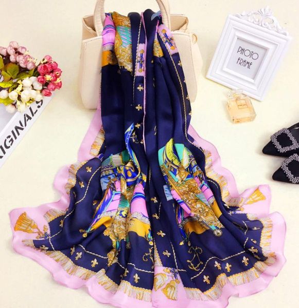 

scarves [slkscf] 180x70cm fashion printing 100% silk satin scarf female elegant print women design long bridal veils, Blue;gray