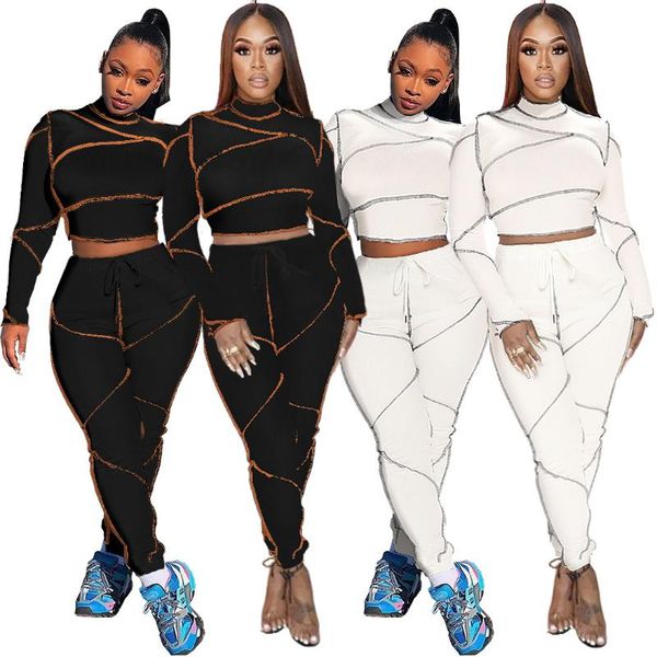 

women's two piece pants patchwork skinny set women spring mock neck crop stretchy legging matching outfit female streetwear 2021, White