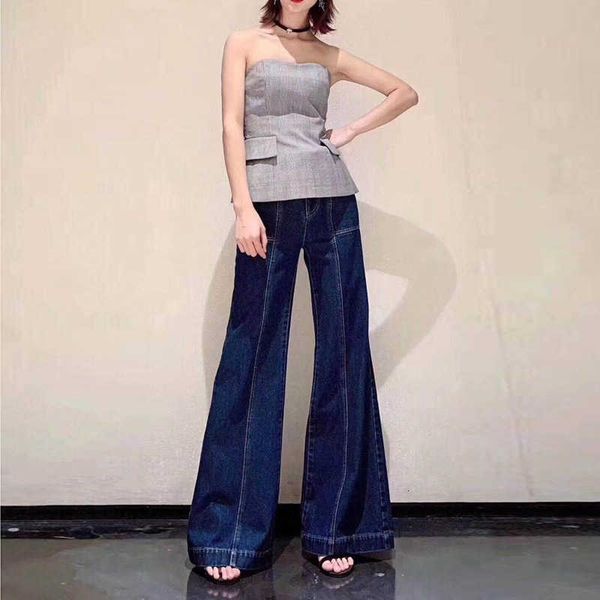 

women's brand 2021 spring high waist thin wide leg micro horn denim pants women, Blue