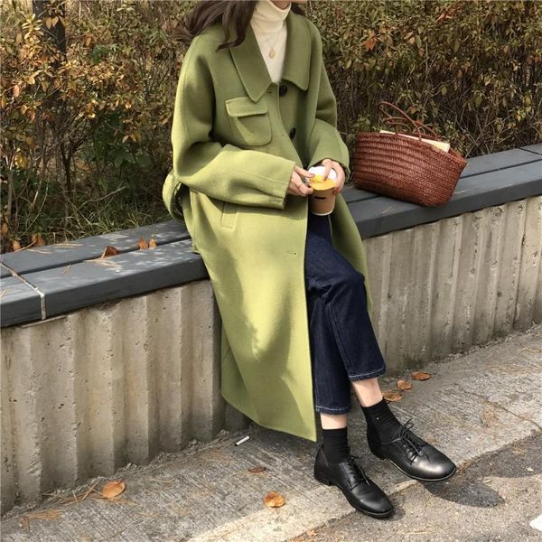 

women's wool & blends pocket bandage solid color warm overcoat winter autumn elegant long jacket 2021 women fashion coat green gray out, Black