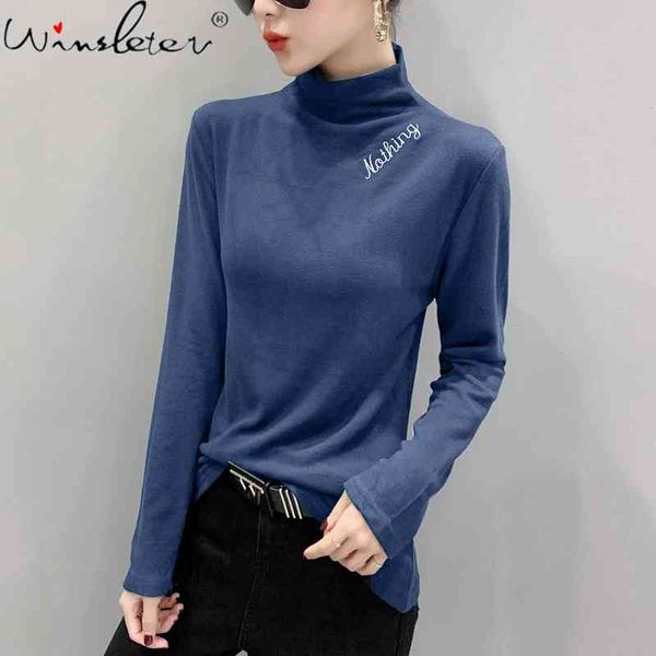 

women's t-shirt fall winter european style tshirt chic turtleneck embroidery letter thick brushed ropa mujer bottoming shirt, White
