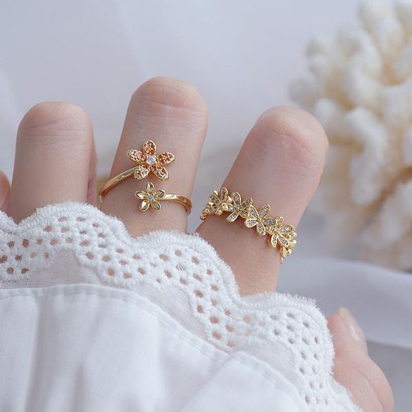 

delicate jewelry 14k real gold adjustable crystal flower rings for women luxury cubic zircon engagement cluster, Golden;silver
