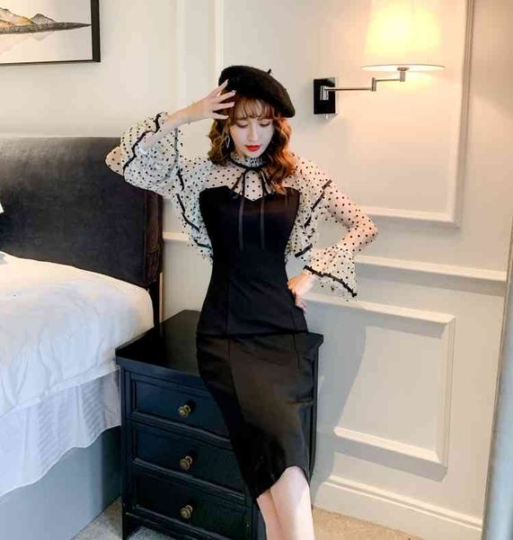 

2021 balck mermaid spring fashion flare sleeves polka dot mesh patchwork women high waist package hip pencil party dress, Black;gray