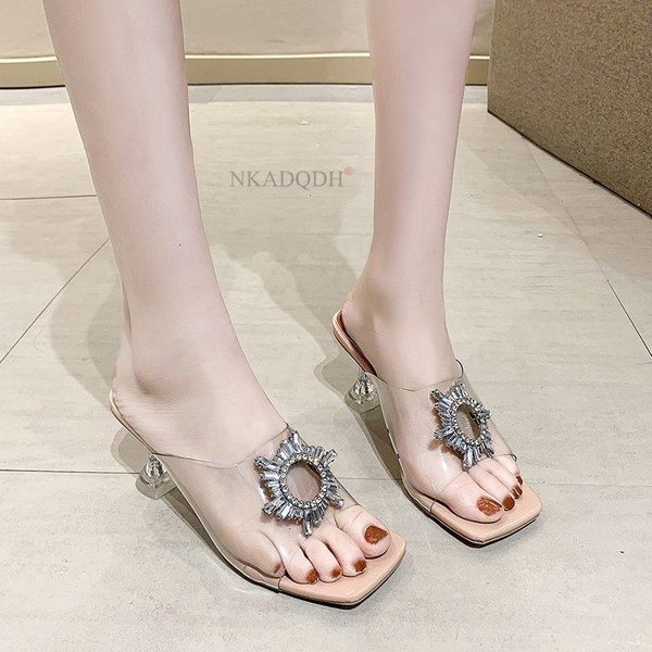 

transparent crystal sun flowers buckle womens slippers summer square toe ladies strange high heels sandals shoes, Black