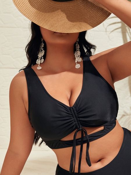 

plus drawstring cut-out bikini a88p#, Black