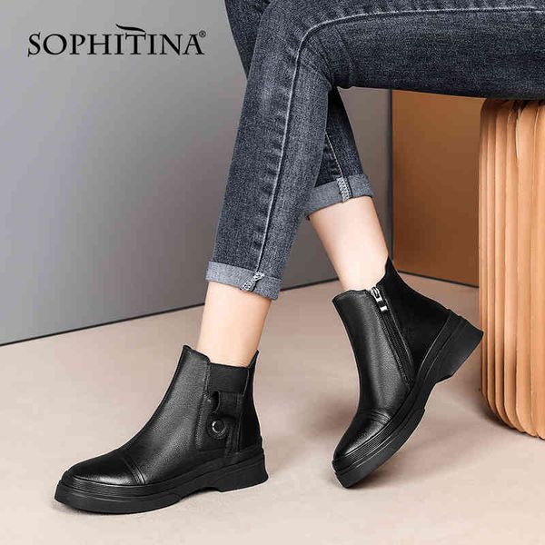 

sophitina women's boots leisure concise comfortable genuine leather ladies ankle boots round toe zipper flat shoes women so630 210513, Black
