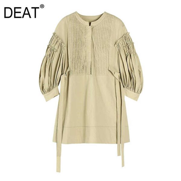 

[deat] summer fashion folds drawstring long sleeve round neck solid color temperament loose women shirt 13c870 210527, White
