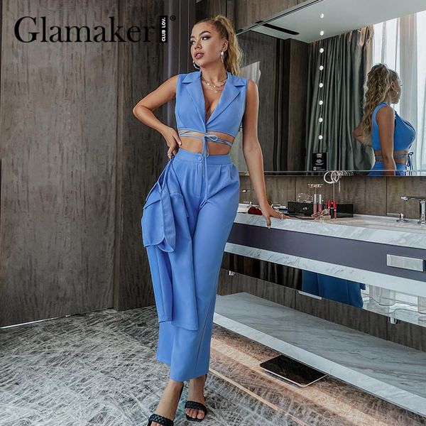 

women's two piece pants glamaker office ladies blue 3 pieces sets elegant bandage cropped with blazer jacket and straight-leg pant wome, White