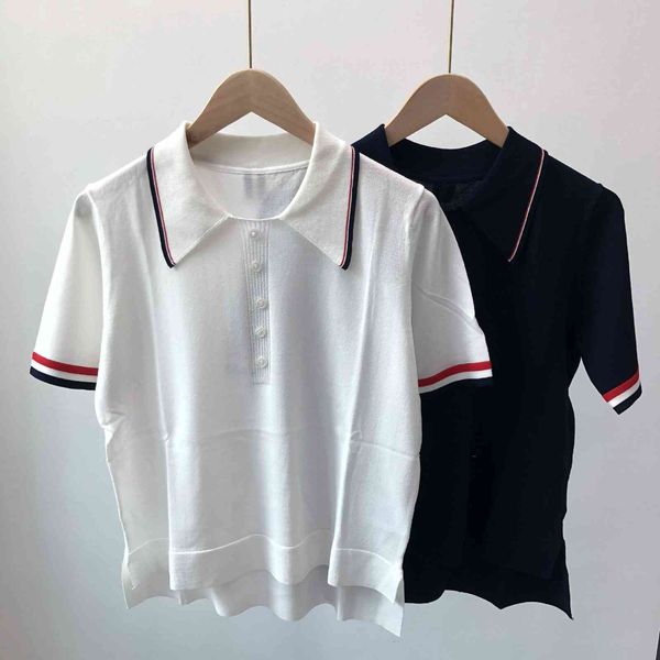 

t shirt 2021 summer round neck four bar stripe color matching ice silk short sleeve irregular front back long college style top, White