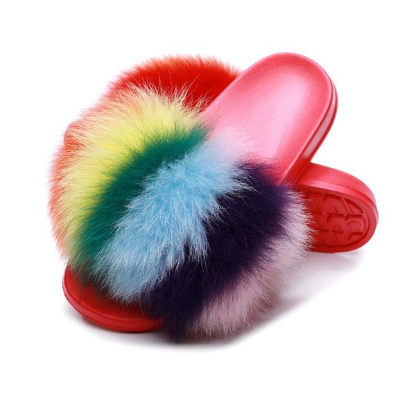 

slippers summer women fur slides female indoor flip flops casual raccon sandals furry fluffy plush shoes, Black