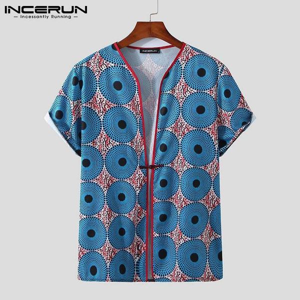 

men's casual shirts incerun summer men printed shirt streetwear v neck short sleeve one button hawaiian 2021 vintage vacation camisas, White;black