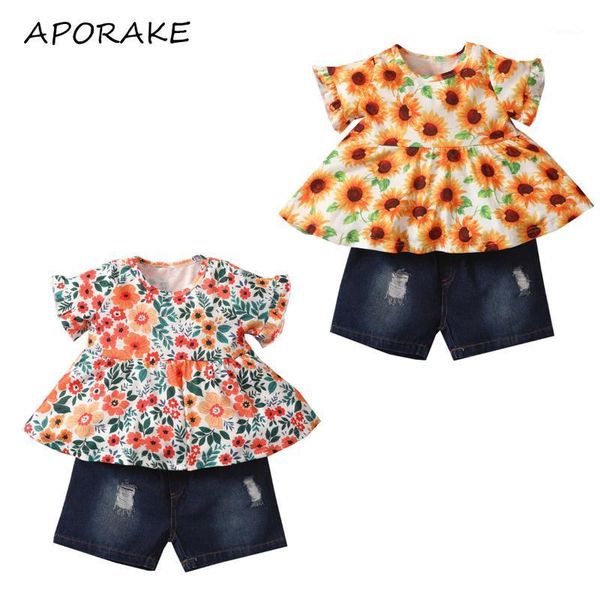 

0-6y kids baby girl clothing set sunflower floral print ruffle short sleeve holes denim shorts summer outfits 2pcs sets, White